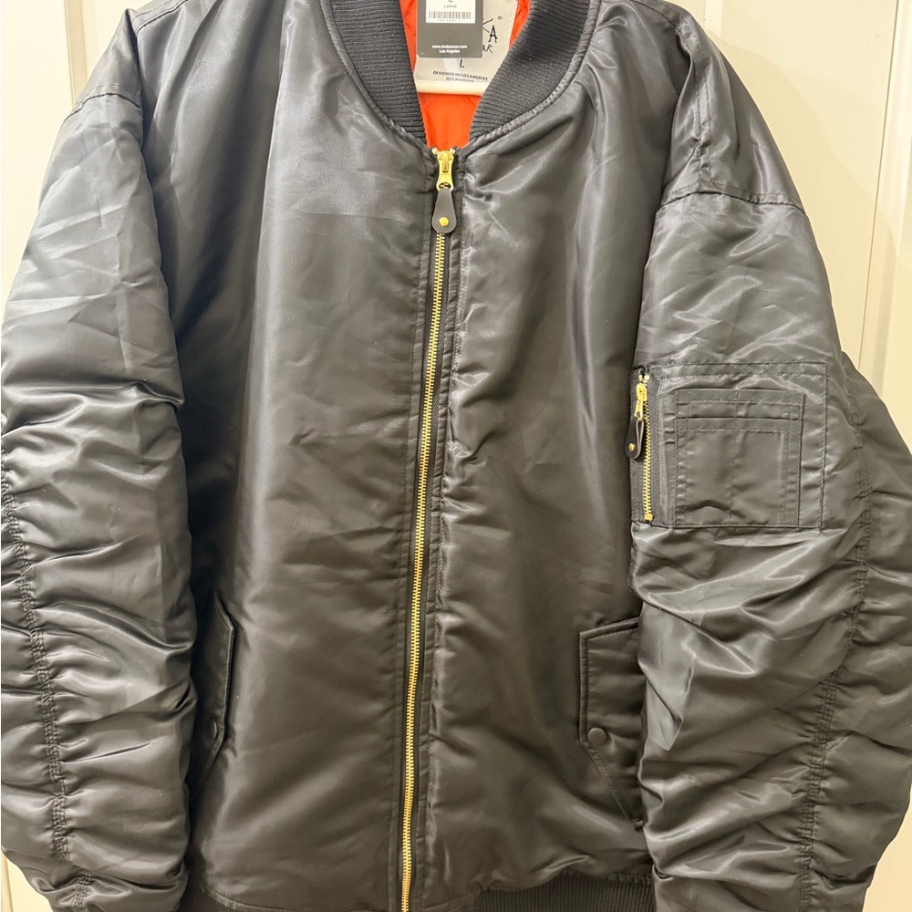 NWT Men’s Black Bomber Jacket with Orange Lining Shaka Wear